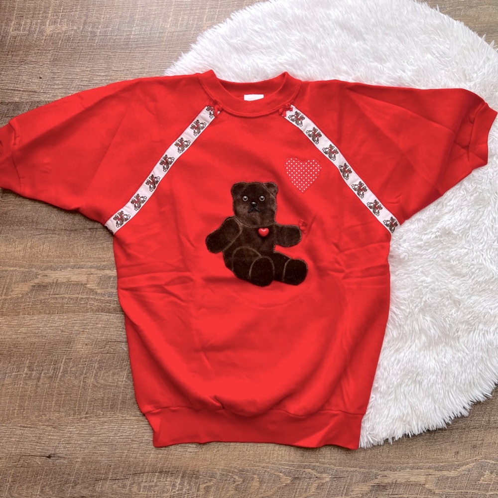 Vintage Red Teddy Bear Sweatshirt with Hearts and Ribbons. Made in USA Unique!